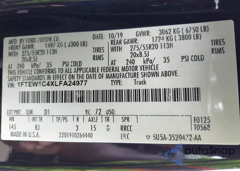 2020 Ford F-150 King Ranch z USA, uszkodzony, nr VIN 1FTEW1C4XLFA24977